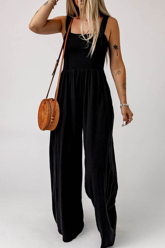 Smocked Square Neck Wide Leg Jumpsuit with Pockets-1