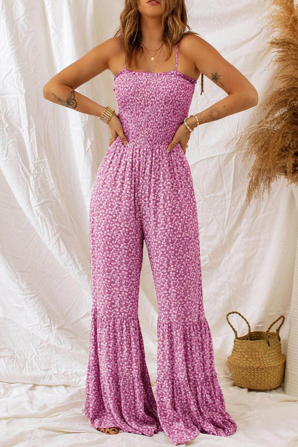 Smocked Printed Wide Strap Jumpsuit for Women Fashion