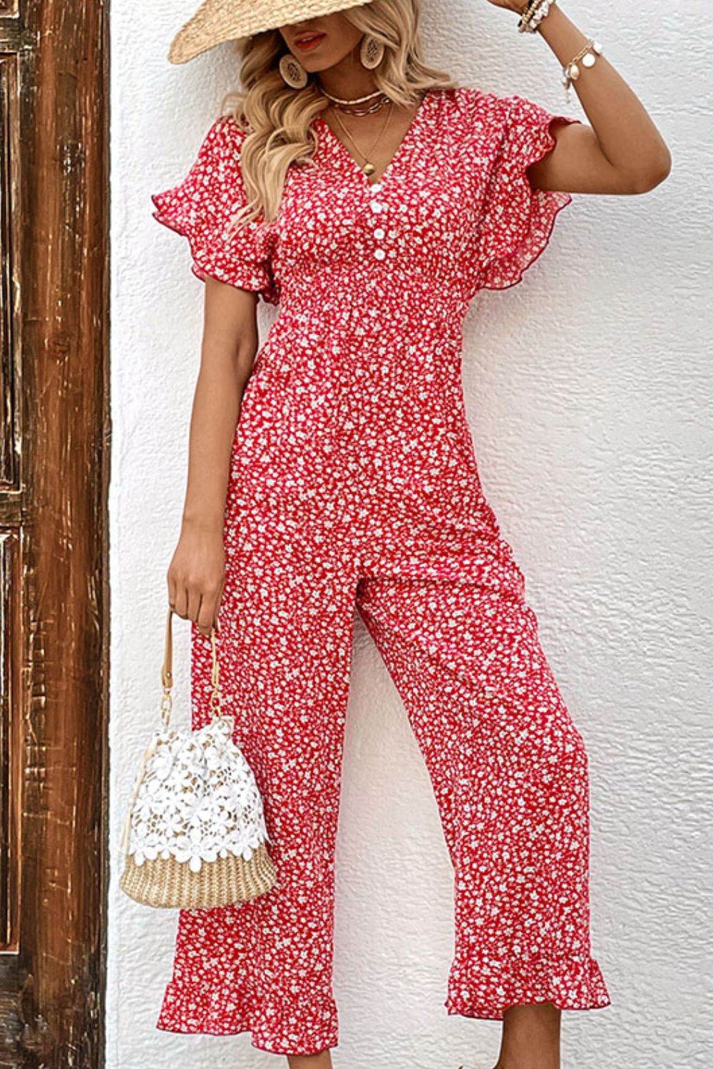 Perfee Printed Tie-Back Ruffled Jumpsuit