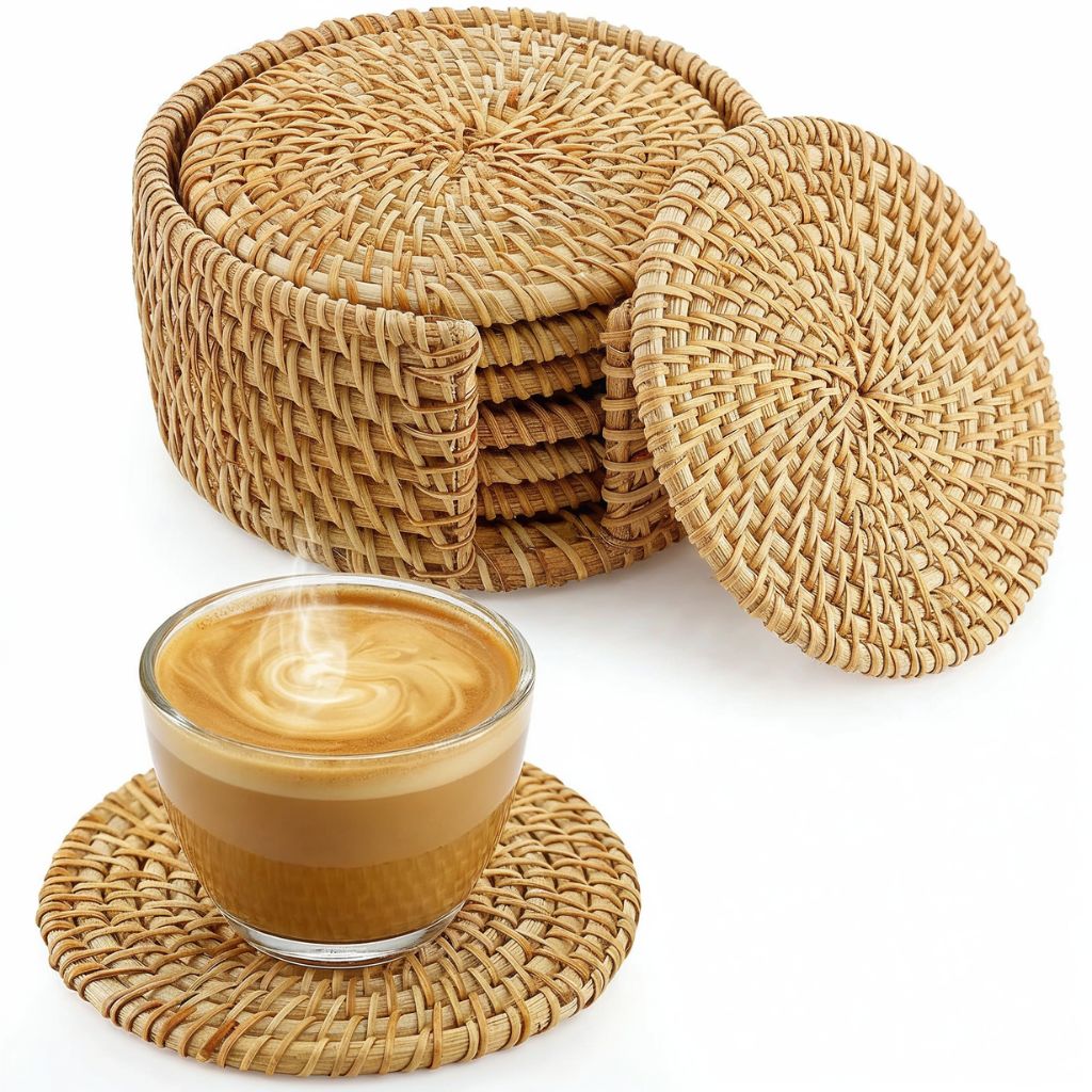 Natural Rattan Coaster Set | 6 Coasters + Holder