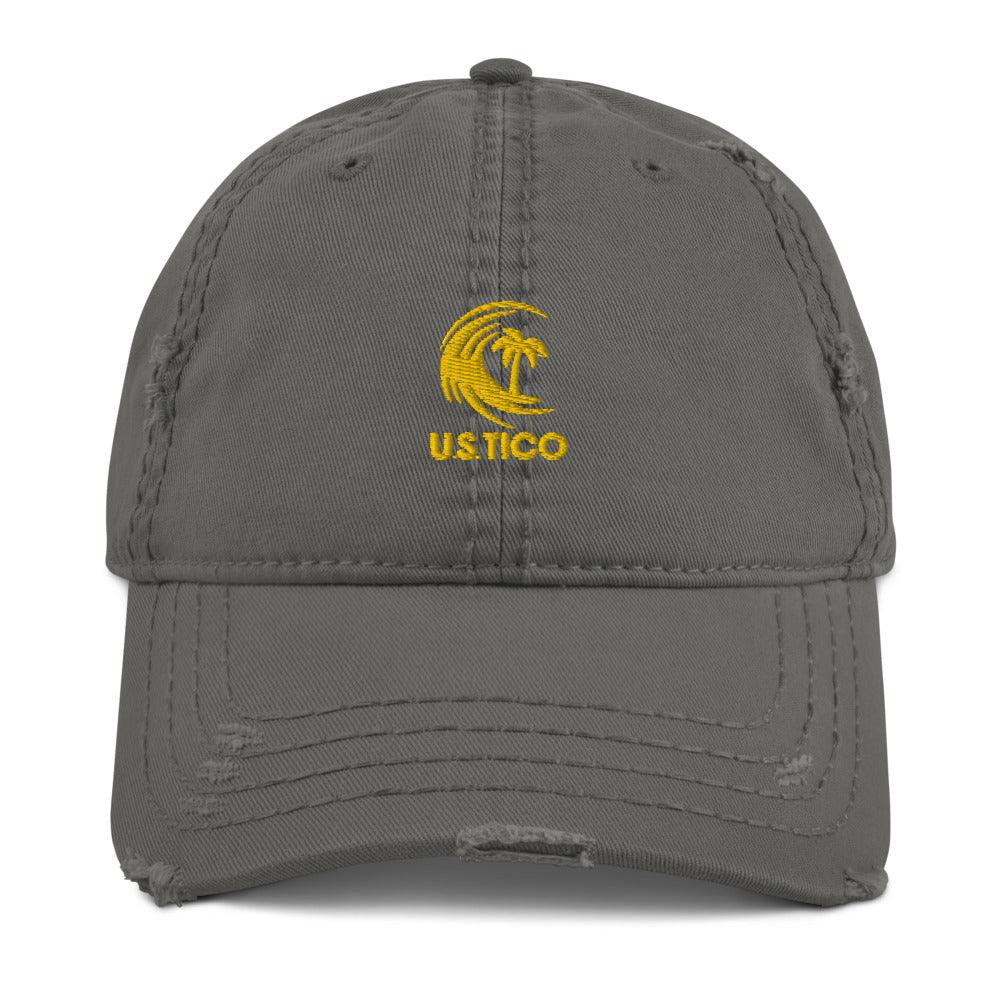 Grey distressed baseball cap featuring a yellow wave and palm tree logo with USTICO text.