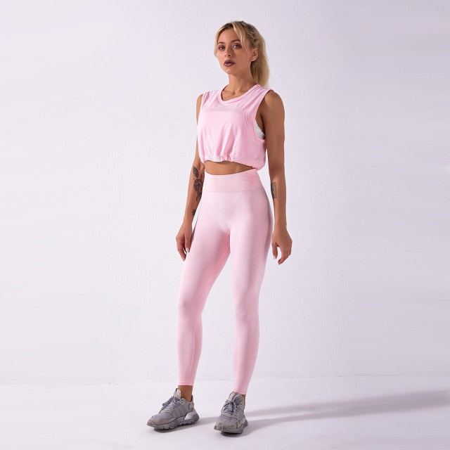 Lightweight 2pcs Set - Sleeveless Tank Top with Drawstring and Seamless Yoga Leggings