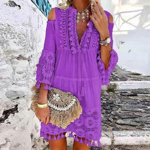 Hollow Out Off Shoulder Summer Dress with Lace and Tassel details