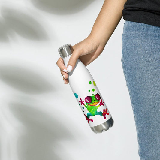 Stainless steel water bottle from SC Kids Collection, white with a colorful jungle frog and green dot pattern