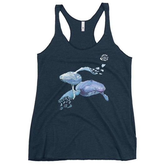 SC Natural Whale Tank in dark navy heather fabric, featuring a racerback cut and colorful whale illustration