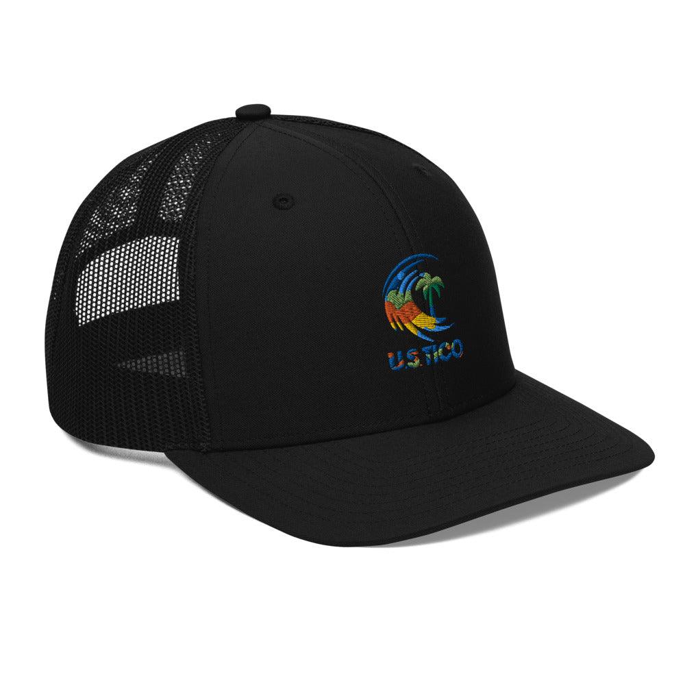 Black trucker hat featuring a colorful tropical palm tree and wave embroidery.