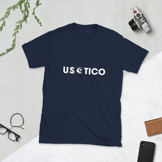 Navy blue t-shirt with 'U.S. TICO' white text and wave logo on a light background.