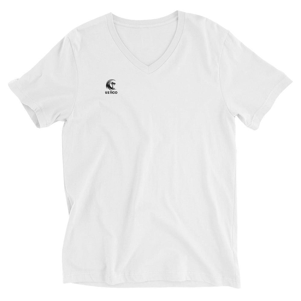 White v-neck t-shirt with a small logo on the left chest featuring a palm tree and 'US TICO' text.