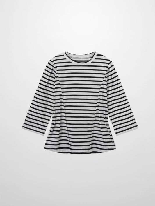 Black & White Striped Pleat Seam T-Shirt | USTICO