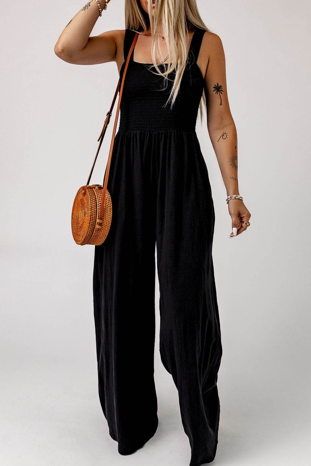 Smocked Square Neck Wide Leg Jumpsuit with Pockets-1