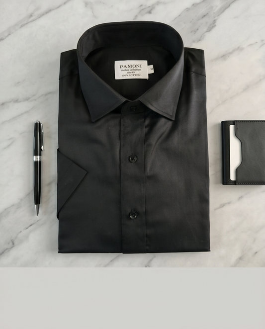 Men's Black 100% Cotton Short-Sleeve Dress Shirt