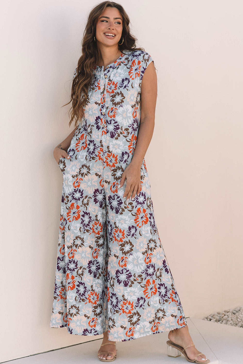 Kylee Floral Sleeveless Buttoned Wide Leg Jumpsuit-0