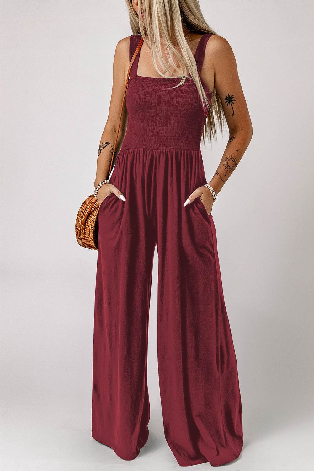 Smocked Square Neck Wide Leg Jumpsuit with Pockets-6