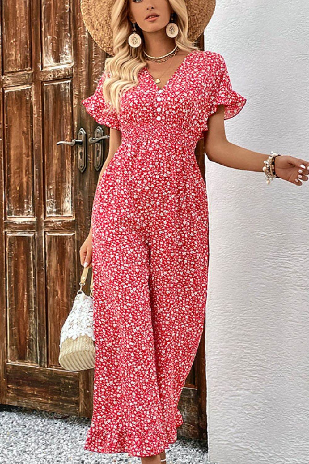 Perfee Printed Tie-Back Ruffled Jumpsuit