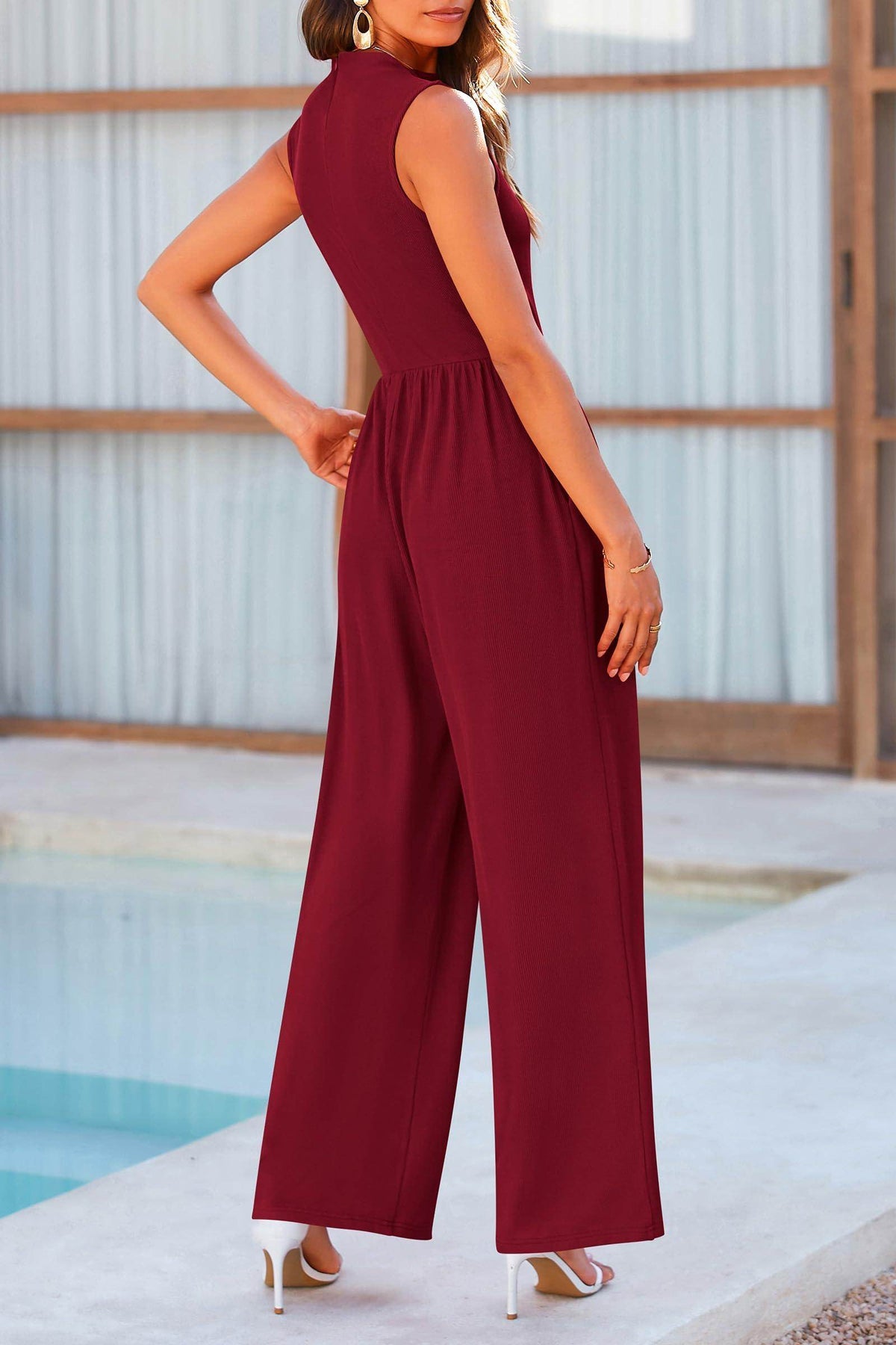 Mock Neck Sleeveless Wide Leg Jumpsuit for Women-8