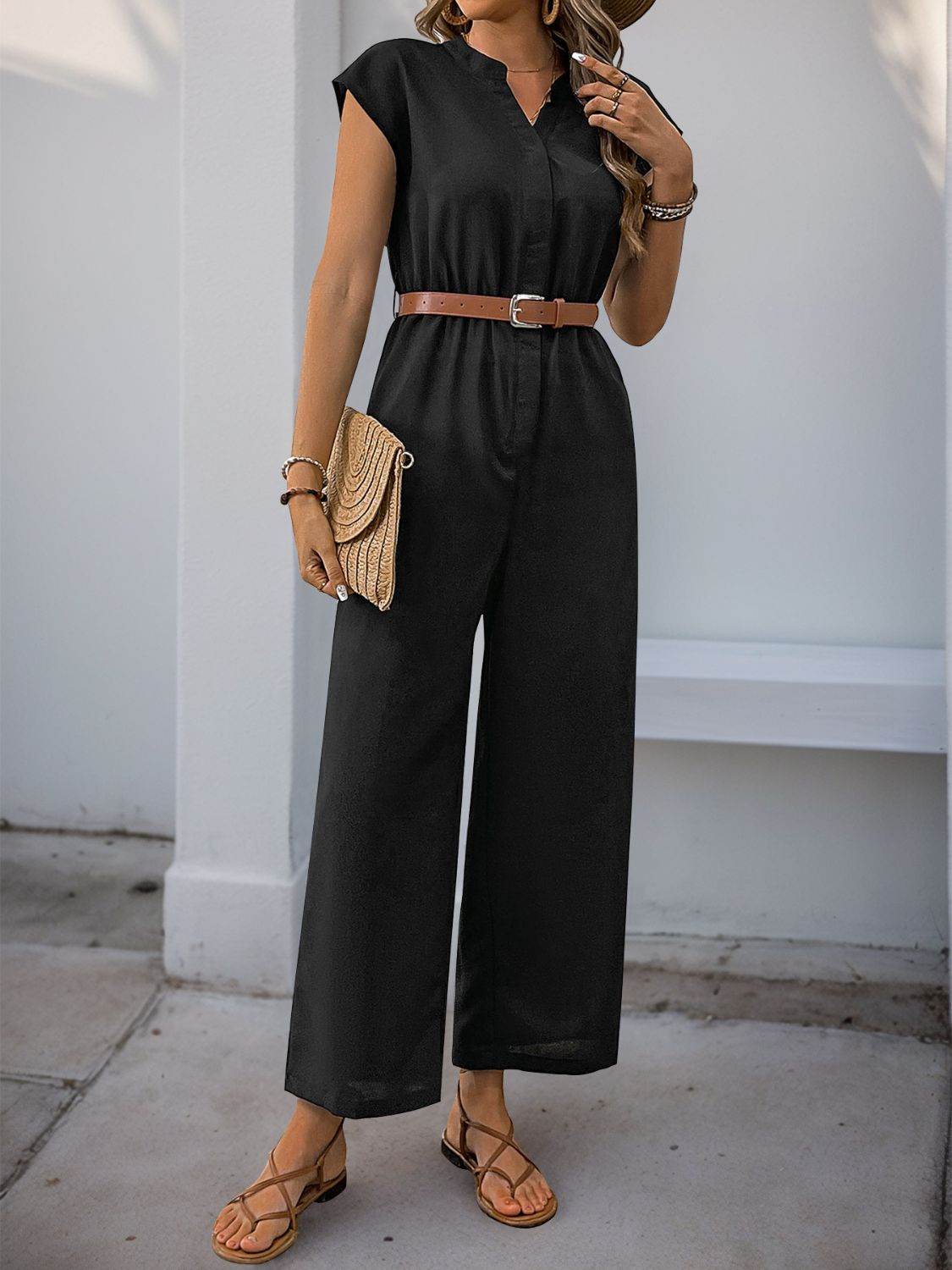 Perfee Notched Wide-Leg Jumpsuit