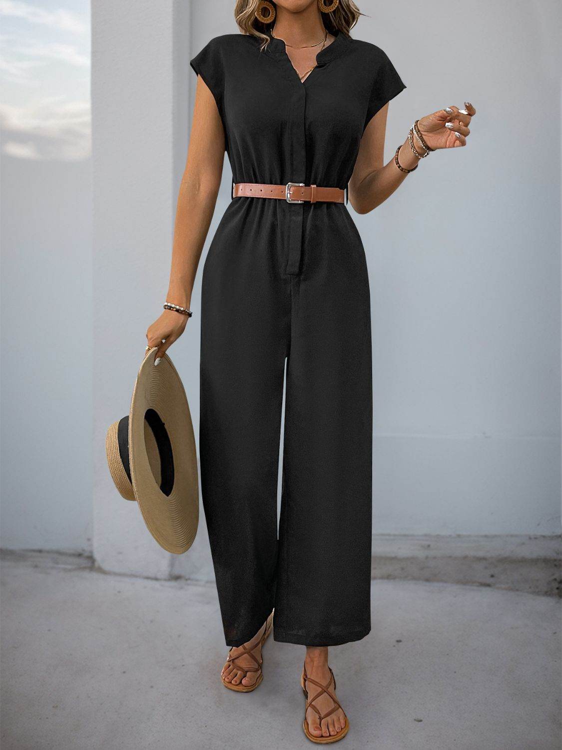 Perfee Notched Wide-Leg Jumpsuit