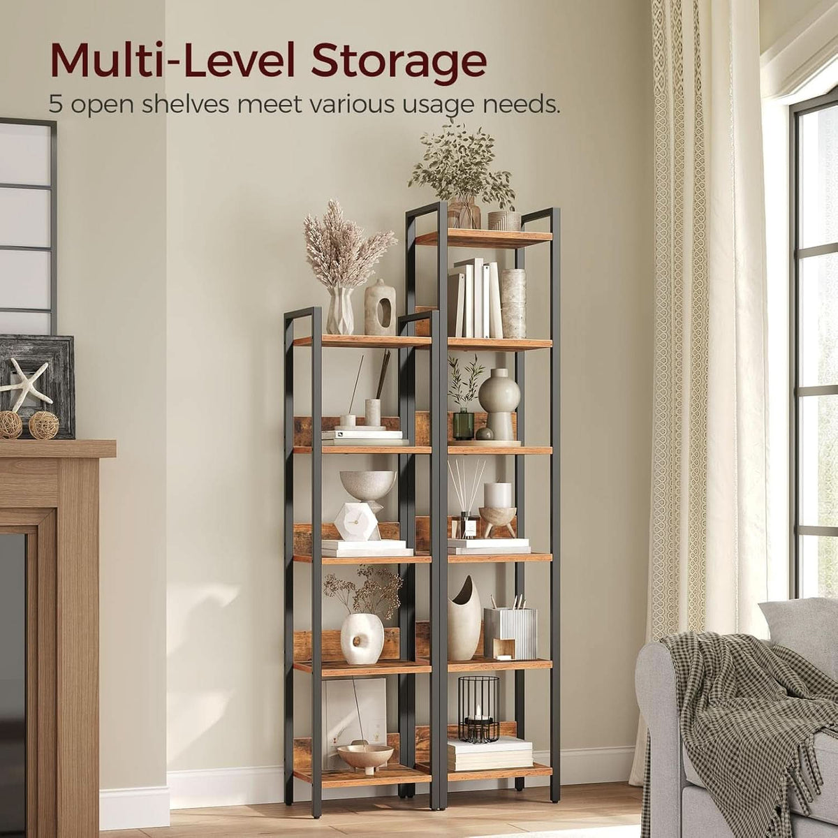 MAHANCRIS 5-Tier Bookshelf | Rustic Brown & Black