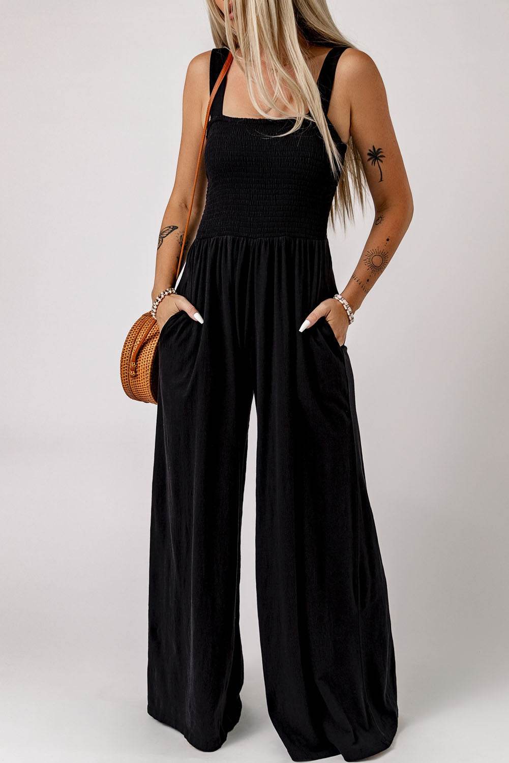 Smocked Square Neck Wide Leg Jumpsuit with Pockets-0