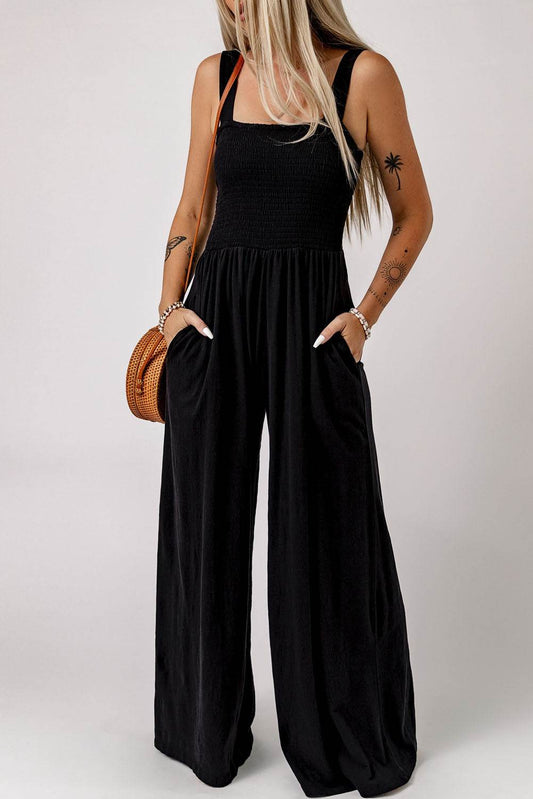 Smocked Square Neck Wide Leg Jumpsuit with Pockets-0