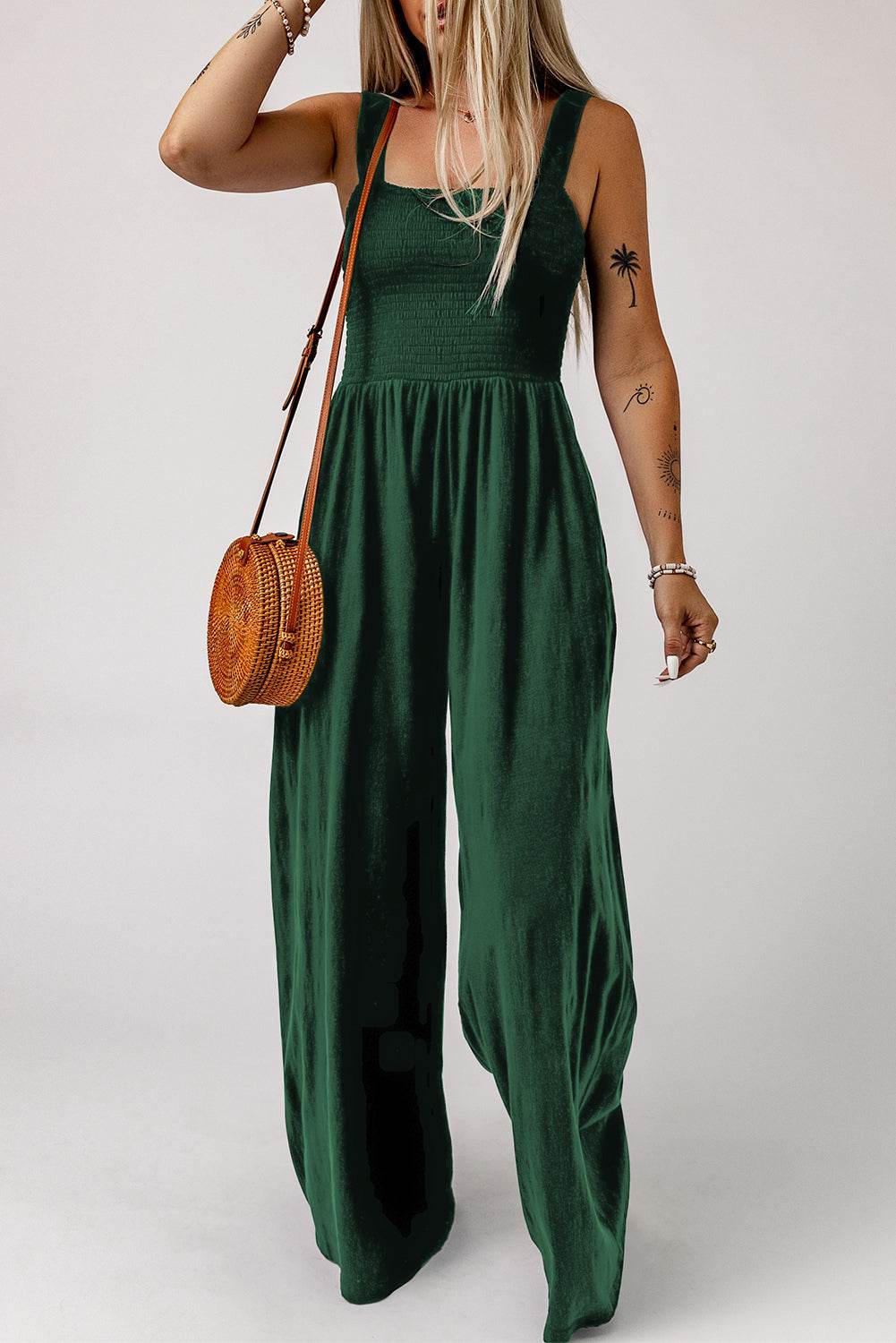 Smocked Square Neck Wide Leg Jumpsuit with Pockets-4