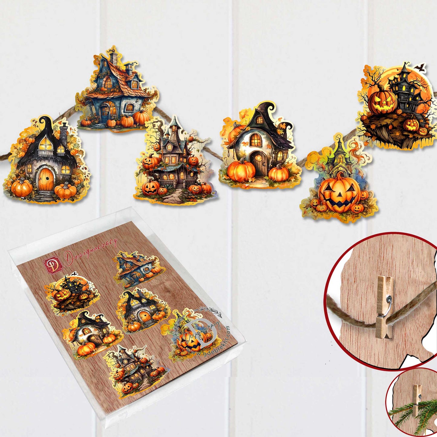 Spooky Houses Clip-On Eco Wood Decorative Ornaments Set of 6 by G. Debrekht - Halloween Decor - 8090007C-S6