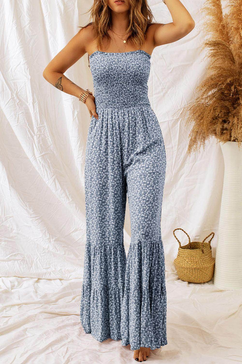 Smocked Printed Wide Strap Jumpsuit for Women Fashion