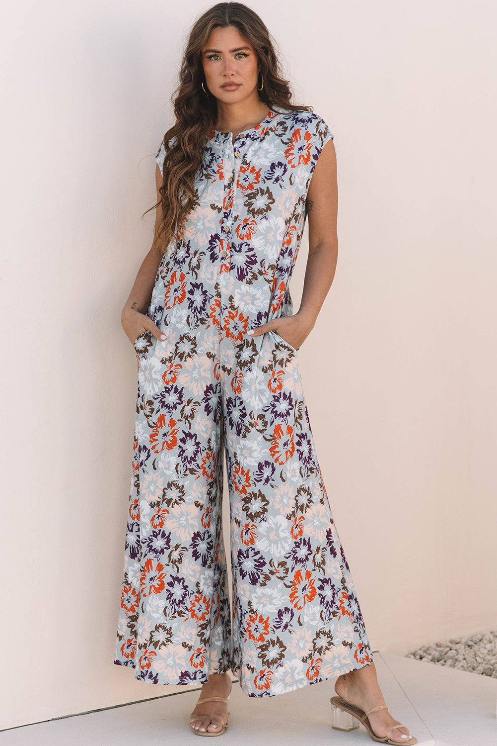 Kylee Floral Sleeveless Buttoned Wide Leg Jumpsuit-3