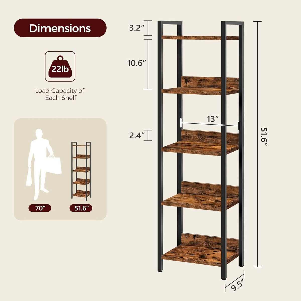 MAHANCRIS 5-Tier Bookshelf | Rustic Brown & Black