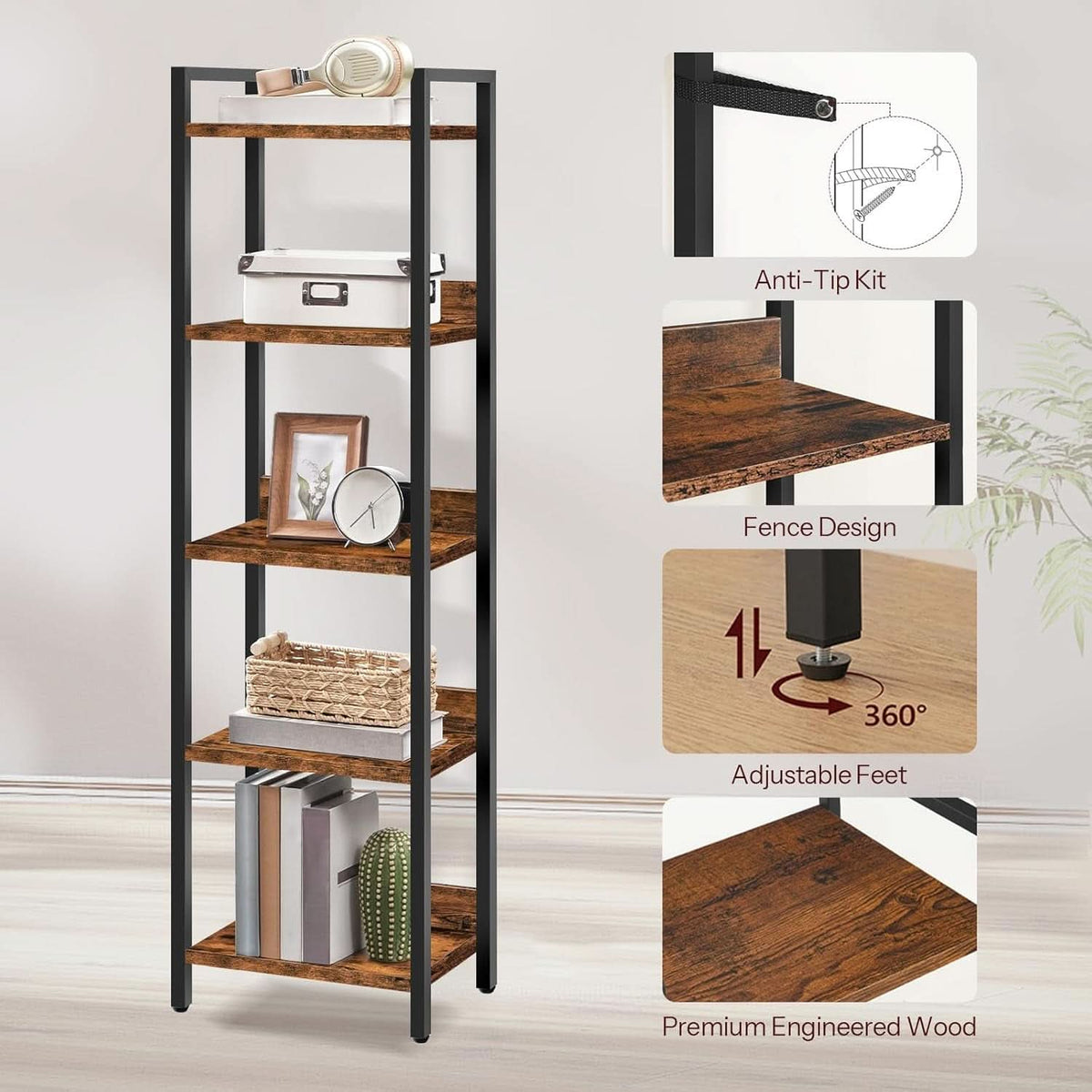 MAHANCRIS 5-Tier Bookshelf | Rustic Brown & Black