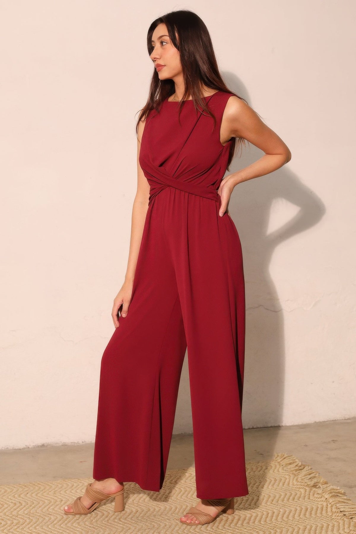 Textured Twist-Front Wide-Leg Jumpsuit