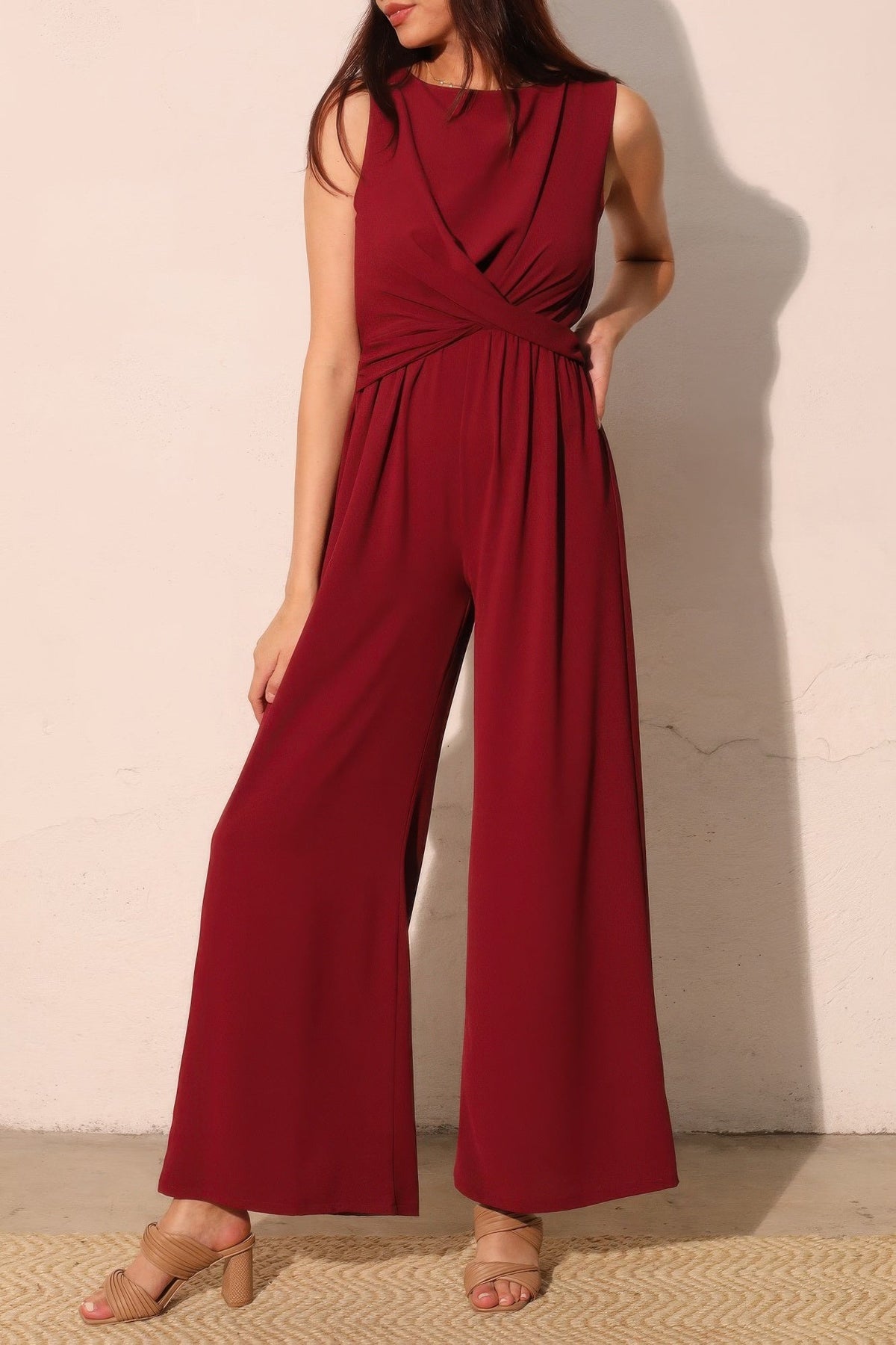Textured Twist-Front Wide-Leg Jumpsuit