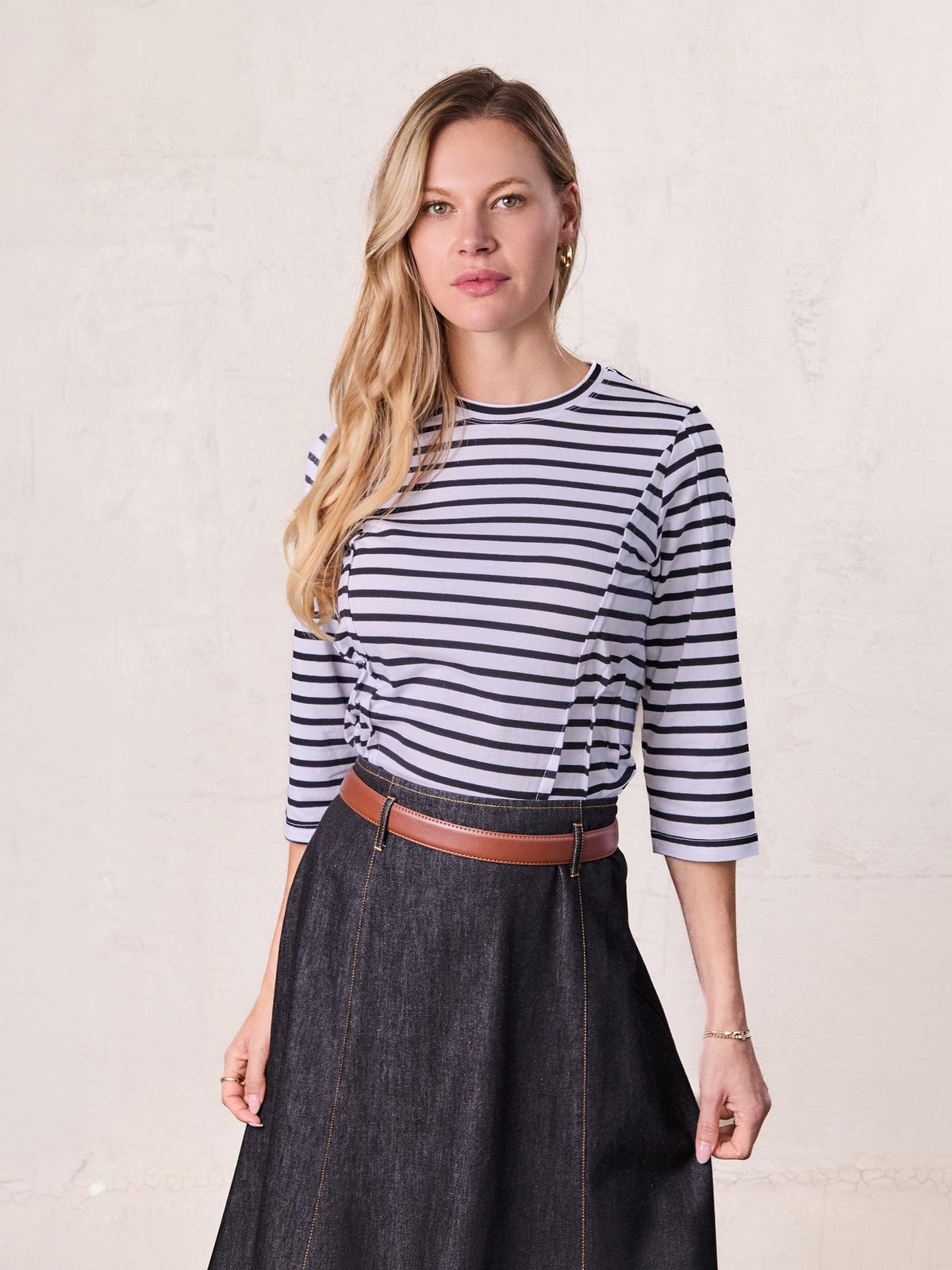 Black & White Striped Pleat Seam T-Shirt | USTICO