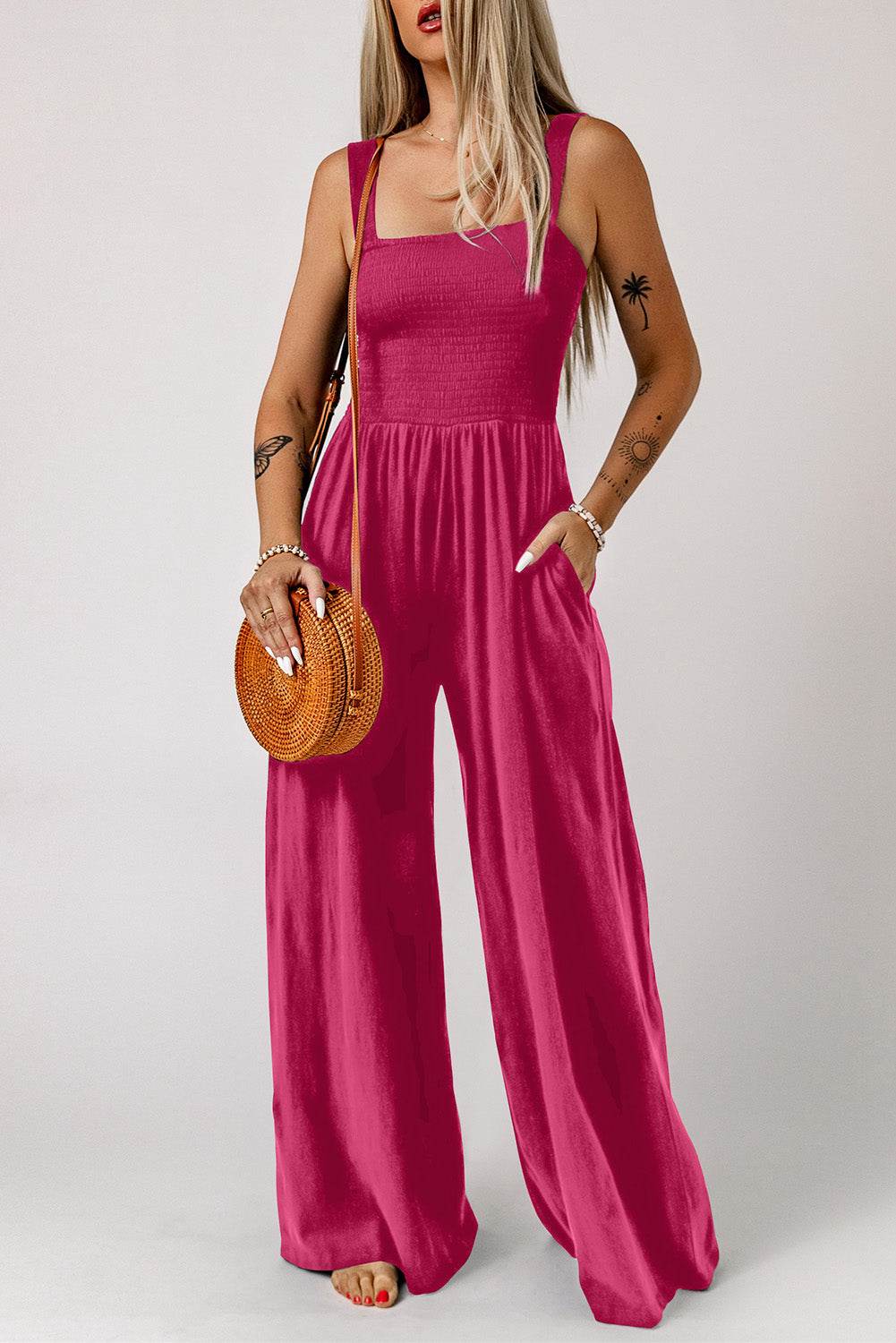 Smocked Square Neck Wide Leg Jumpsuit with Pockets-7