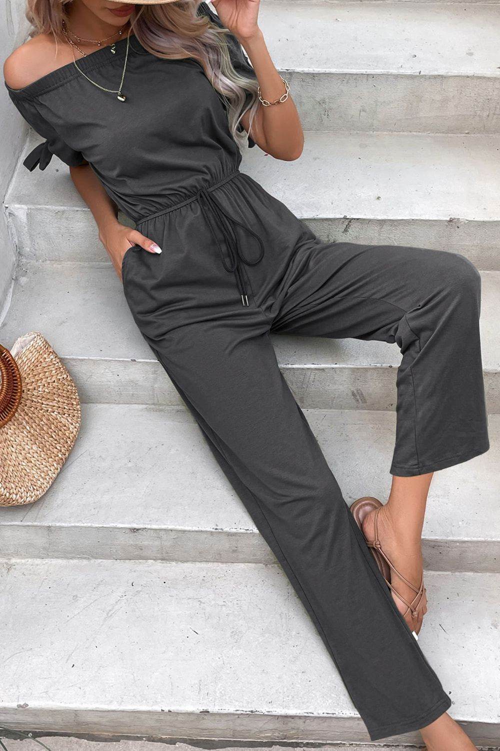 Perfee Off-Shoulder Tie Cuff Jumpsuit with Pockets-4