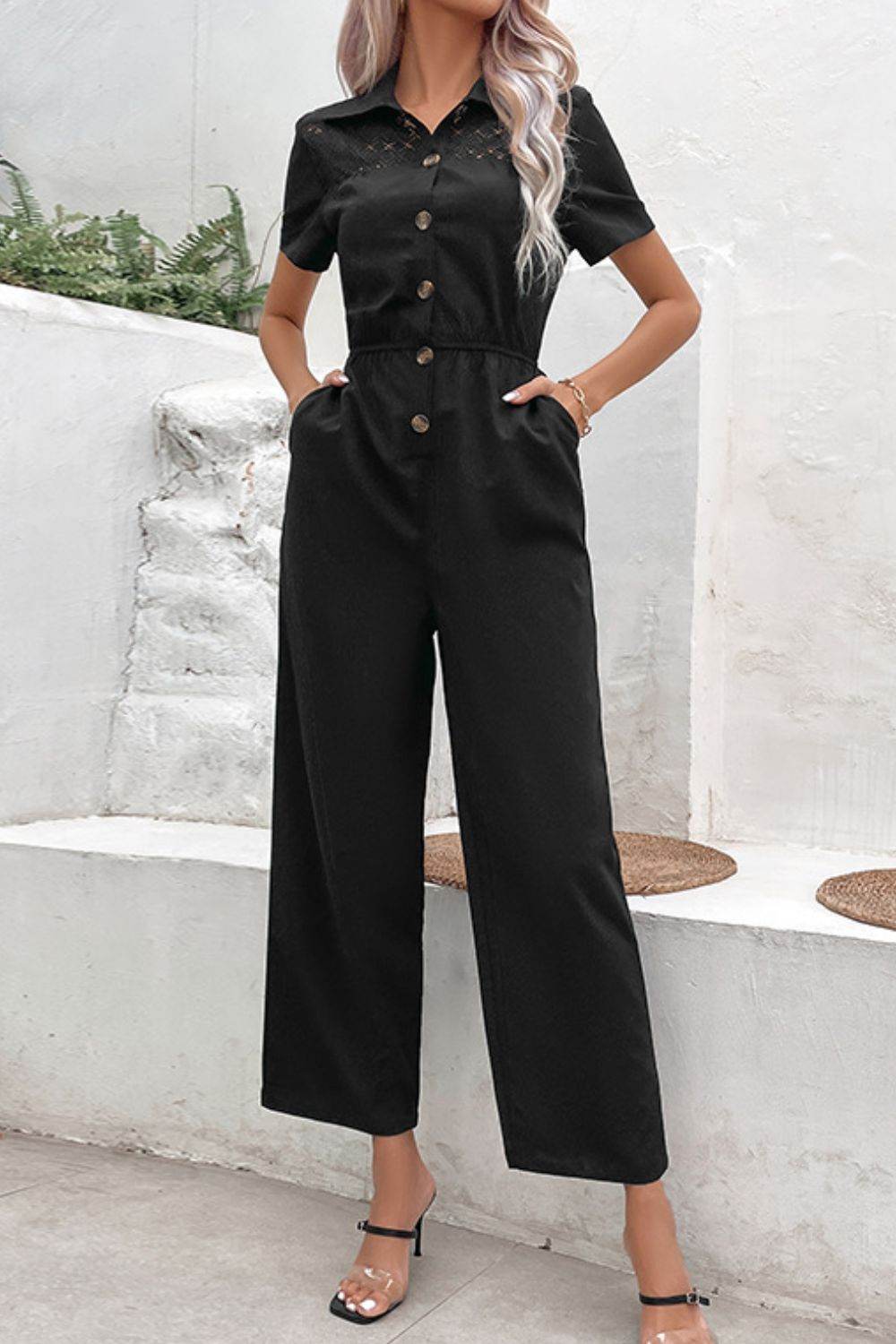 Perfee Collared Short-Sleeve Jumpsuit