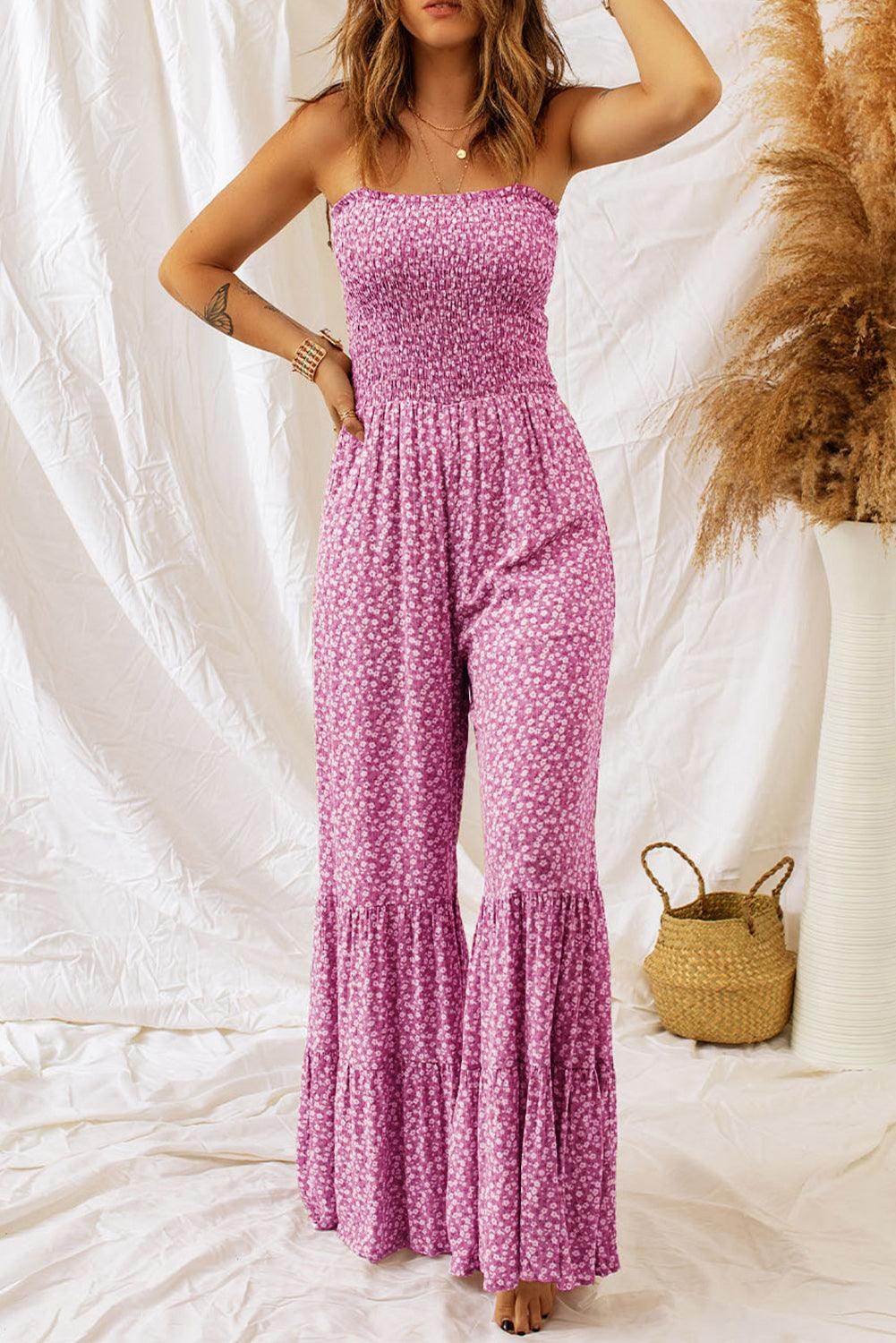 Smocked Printed Wide Strap Jumpsuit for Women Fashion
