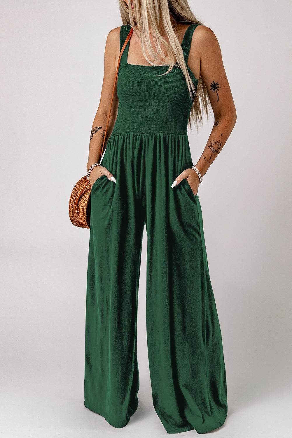 Smocked Square Neck Wide Leg Jumpsuit with Pockets-3
