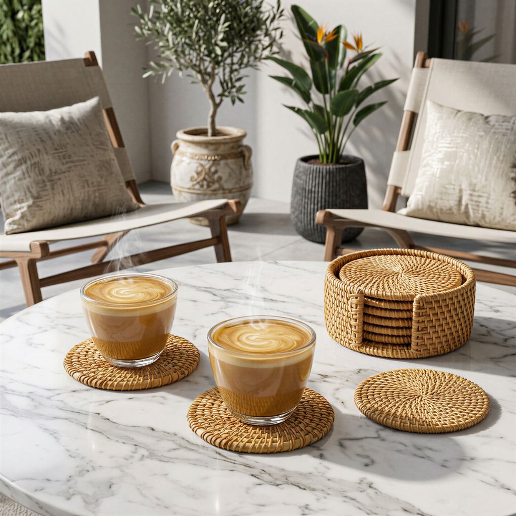 Natural Rattan Coaster Set | 6 Coasters + Holder