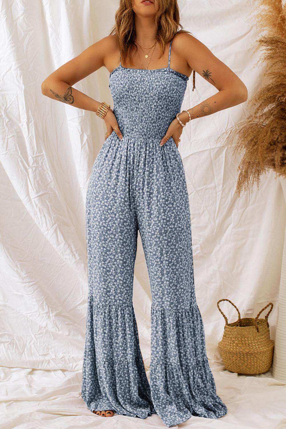 Smocked Printed Wide Strap Jumpsuit for Women Fashion
