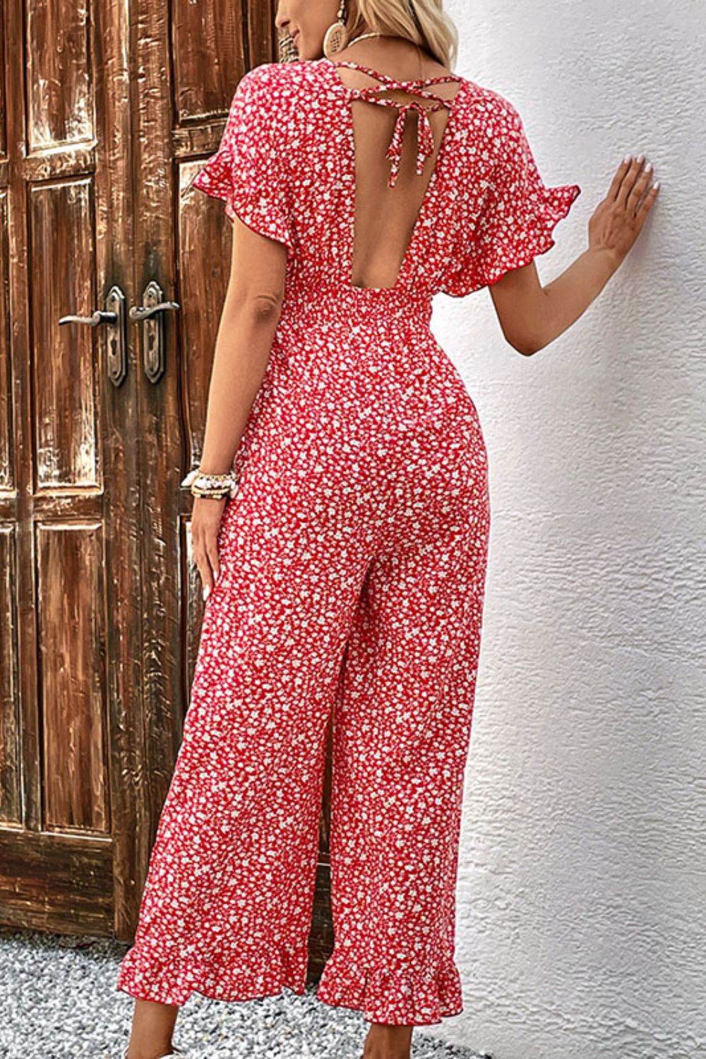 Perfee Printed Tie-Back Ruffled Jumpsuit