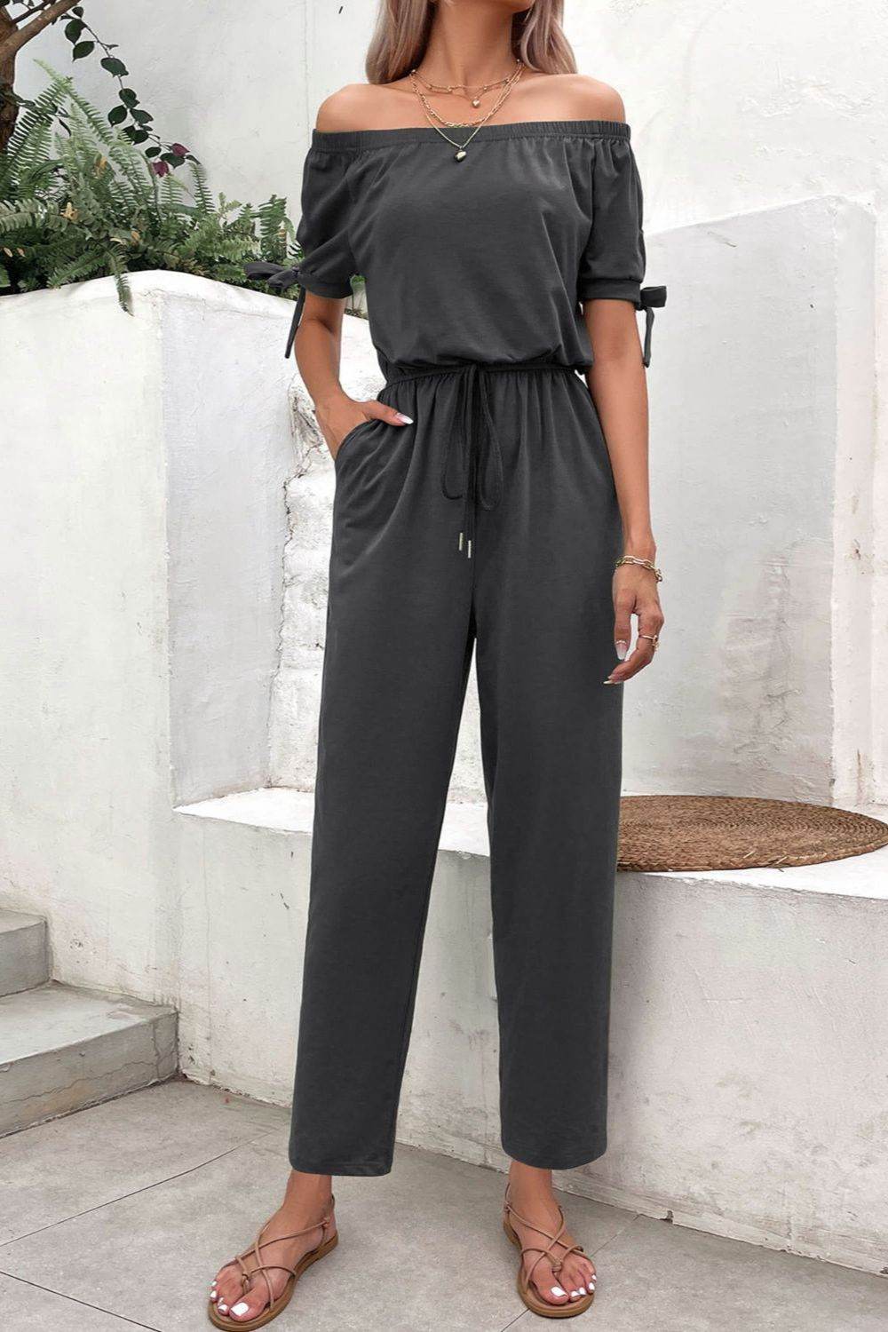 Perfee Off-Shoulder Tie Cuff Jumpsuit with Pockets-1