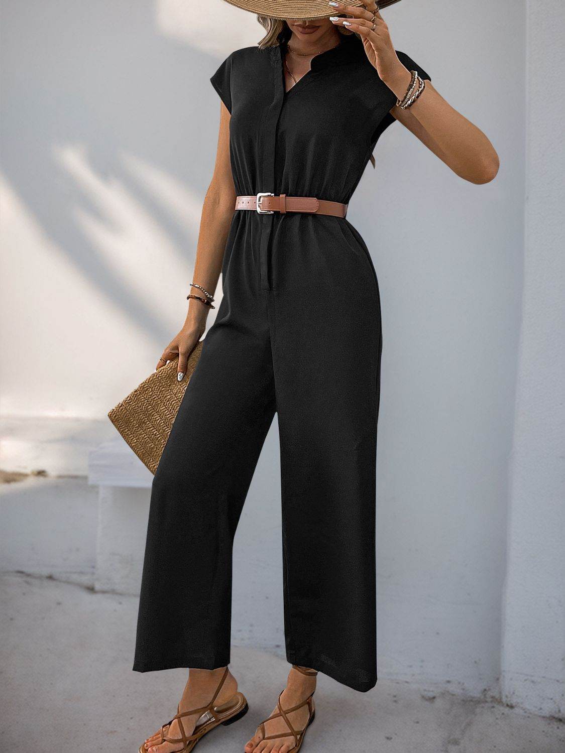 Perfee Notched Wide-Leg Jumpsuit