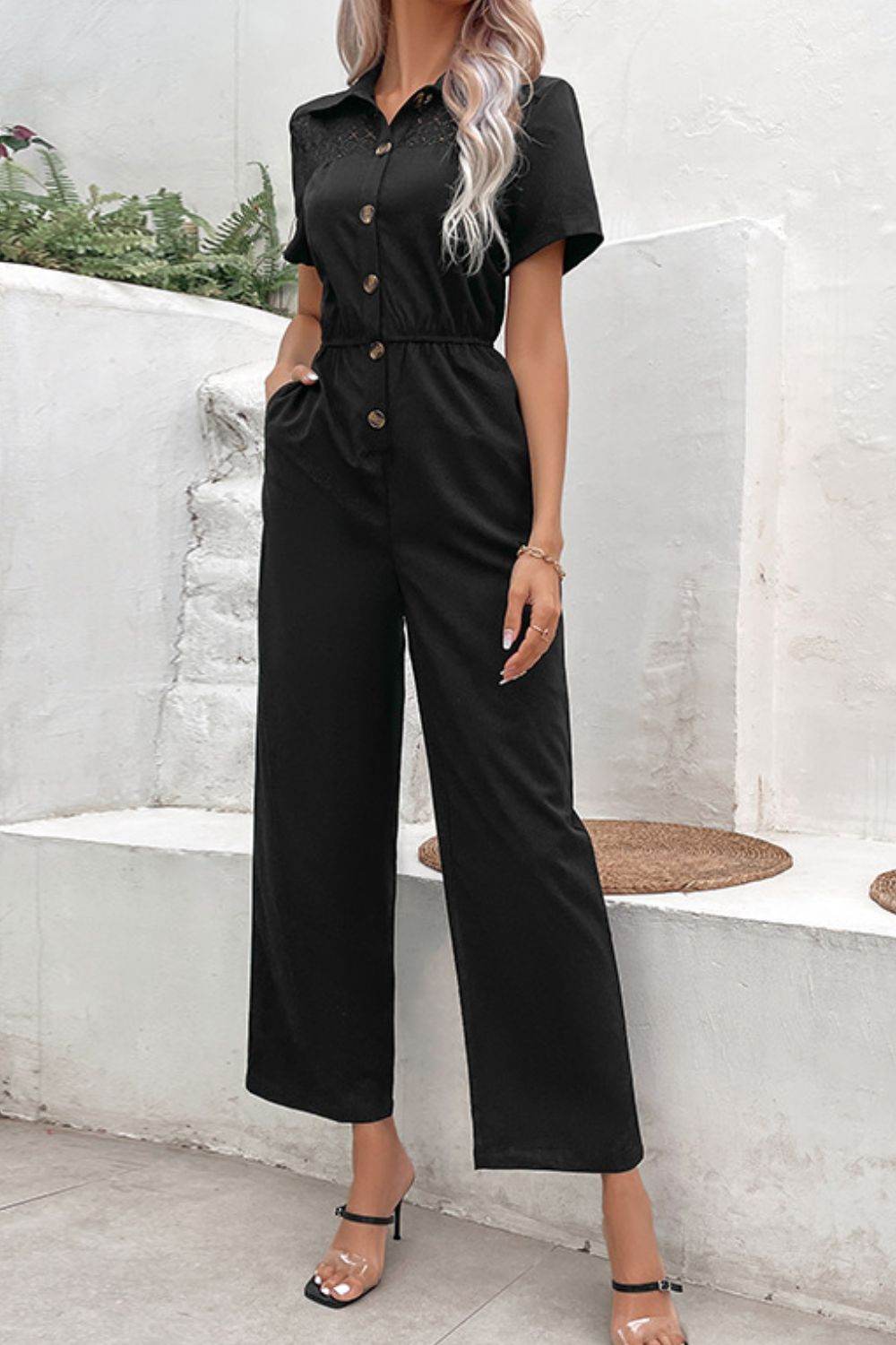 Perfee Collared Short-Sleeve Jumpsuit