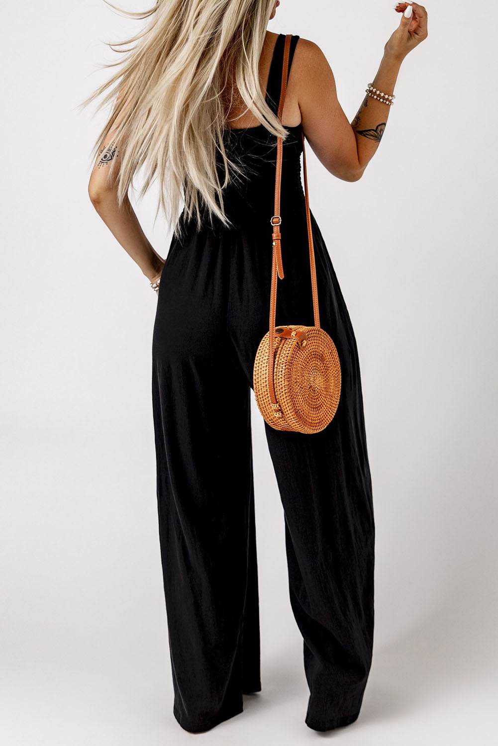 Smocked Square Neck Wide Leg Jumpsuit with Pockets-2