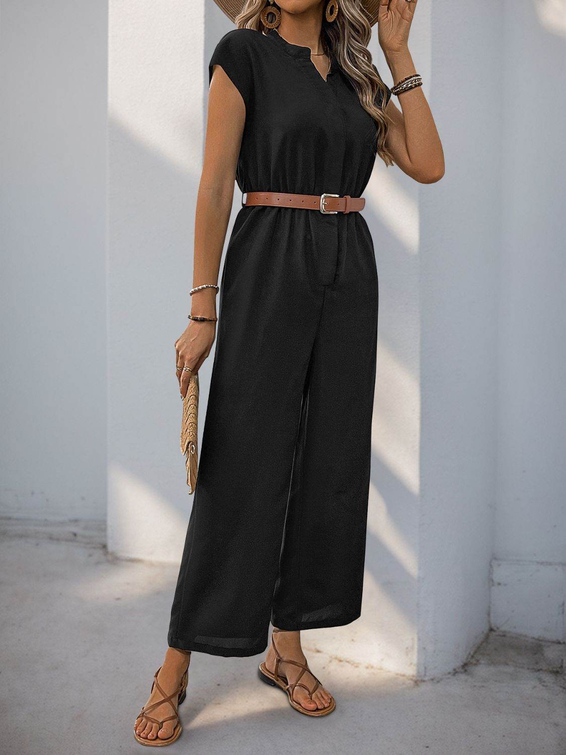 Perfee Notched Wide-Leg Jumpsuit