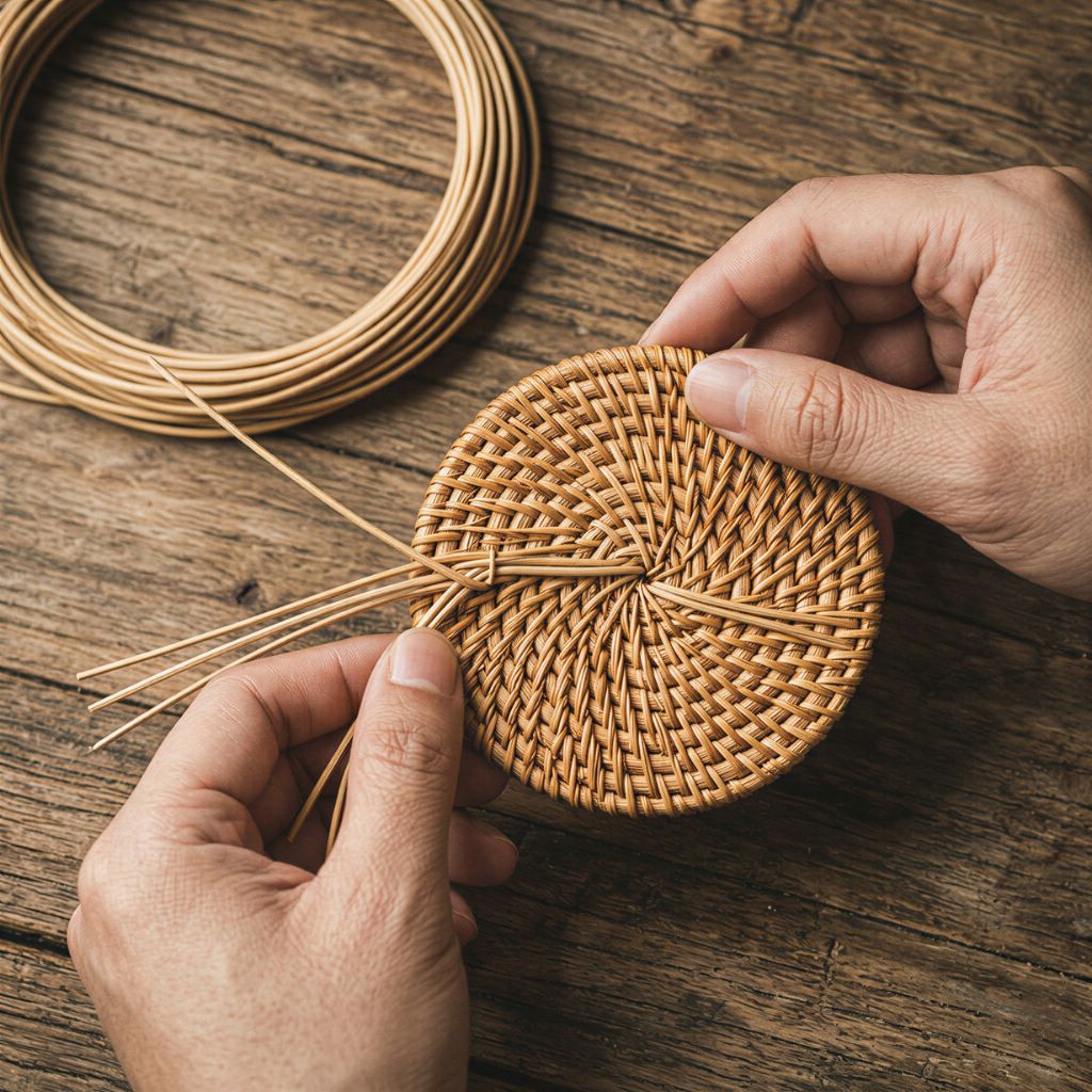 Natural Rattan Coaster Set | 6 Coasters + Holder