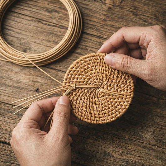 Natural Rattan Coaster Set | 6 Coasters + Holder
