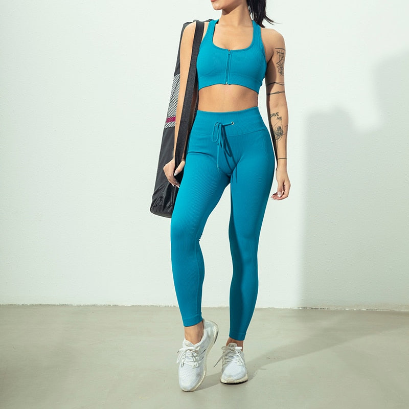 Seamless Women Yoga Set Workout Sportswear Gym Clothing Zipper Long Sleeve High Waist Leggings Fitness Bra Athletic Sports Suits-4