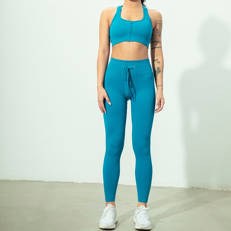 Seamless Women Yoga Set Workout Sportswear Gym Clothing Zipper Long Sleeve High Waist Leggings Fitness Bra Athletic Sports Suits-2